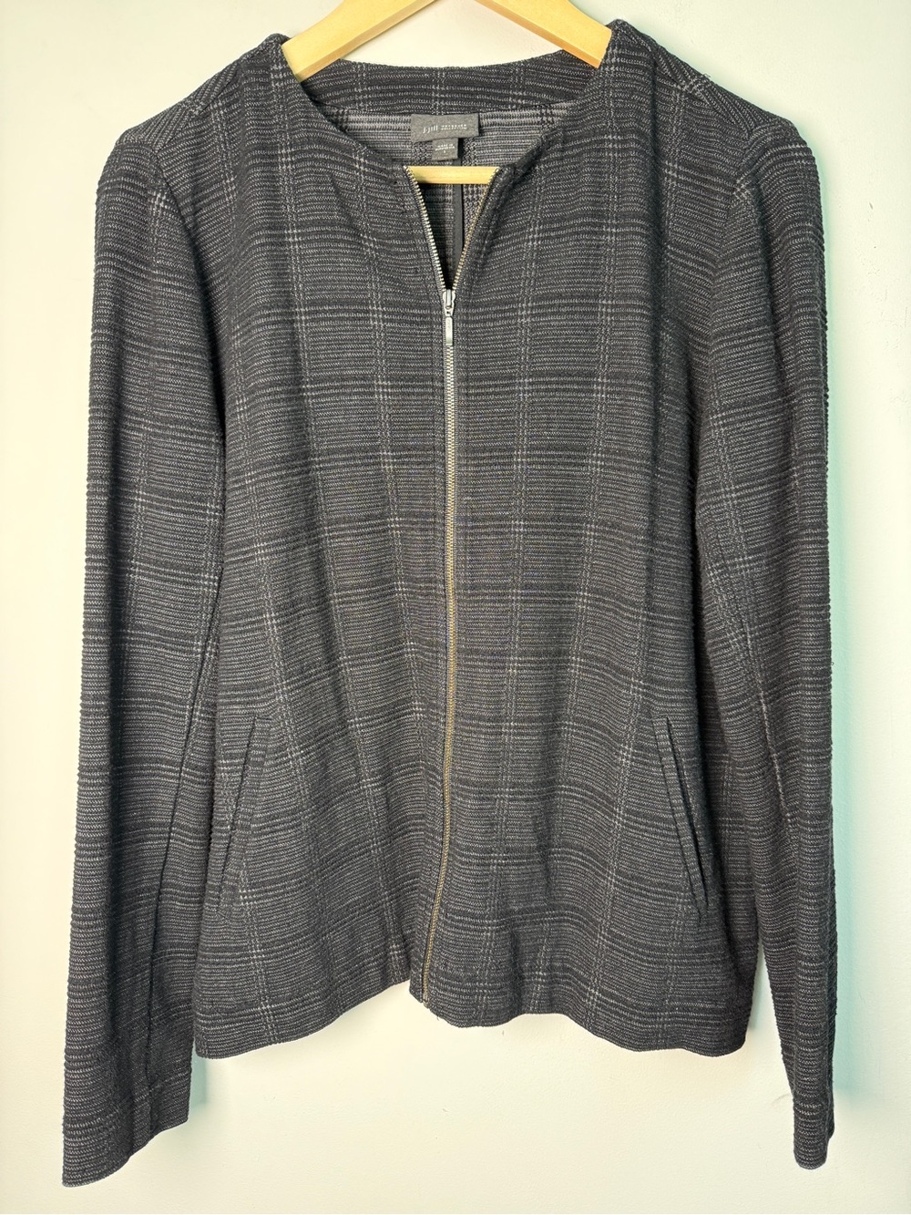 J.Jill Wearever Textured Plaid Zip Front Jacket Black Charcoal Knit Blazer S